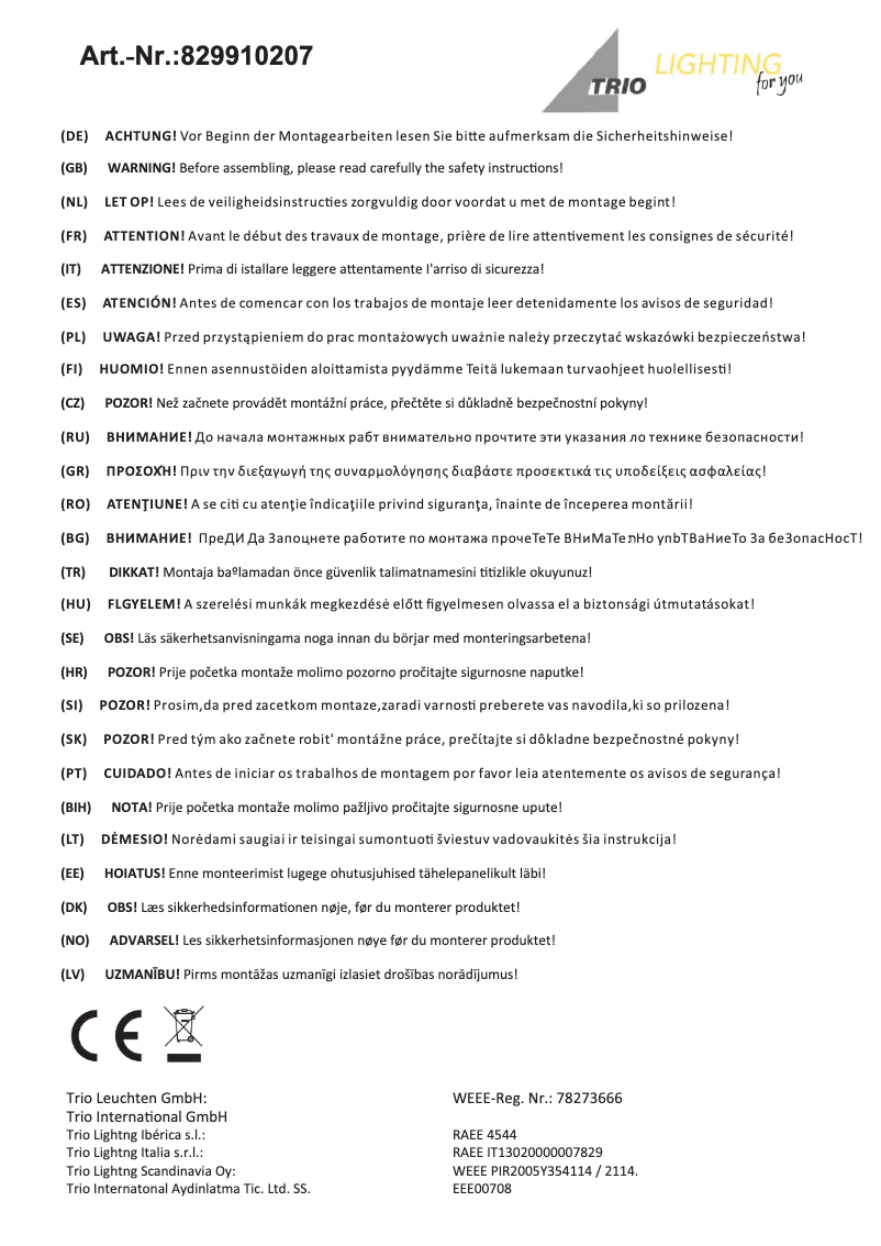 Page 1 de la notice Manuel utilisateur Trio Lighting Havanna 829910207