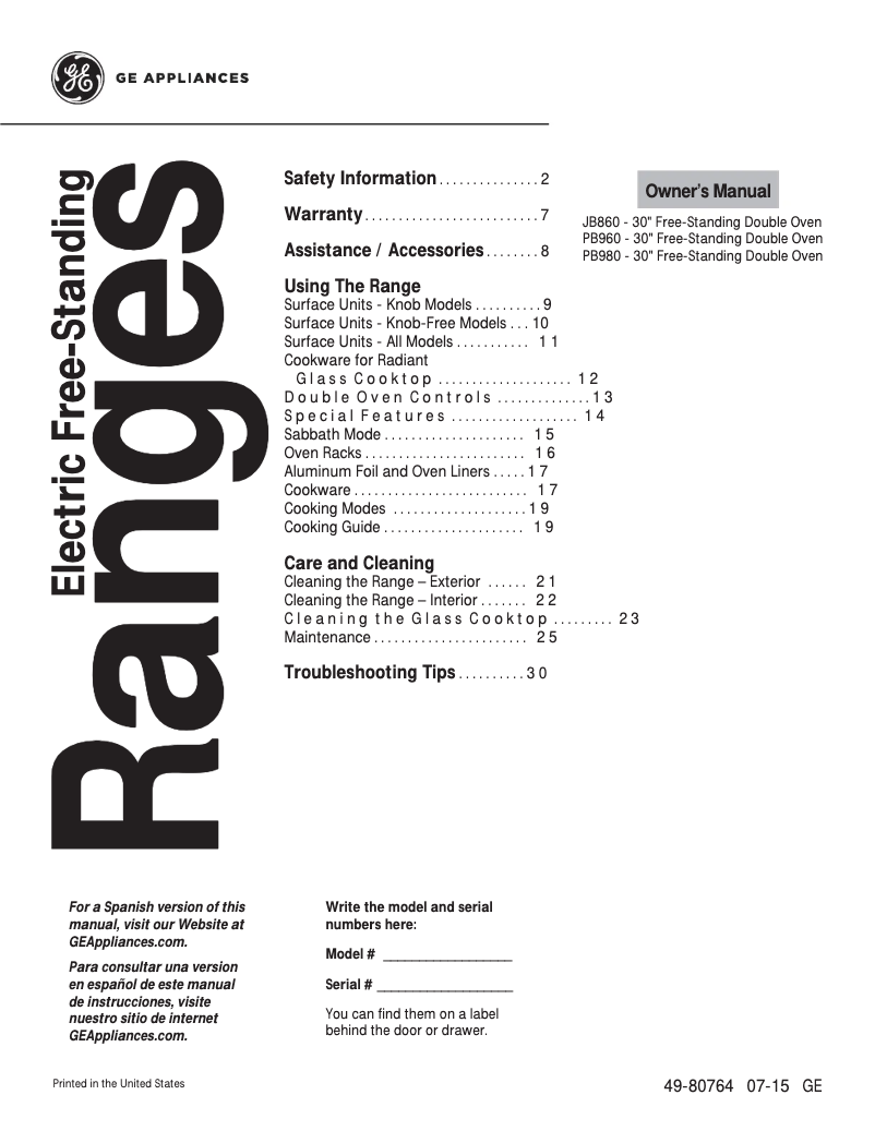 Page n°1 - Manuel d'utilisation et d'entretien GE Profile PB960SJSS