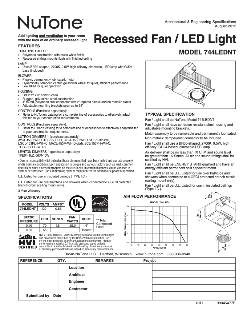 Page 1 de la notice Fiche technique NuTone 744LEDNT