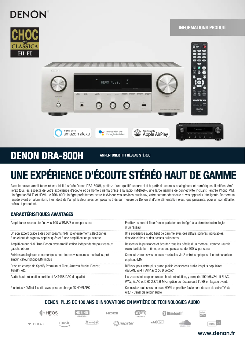 Page 1 de la notice Fiche technique Denon DRA-800H