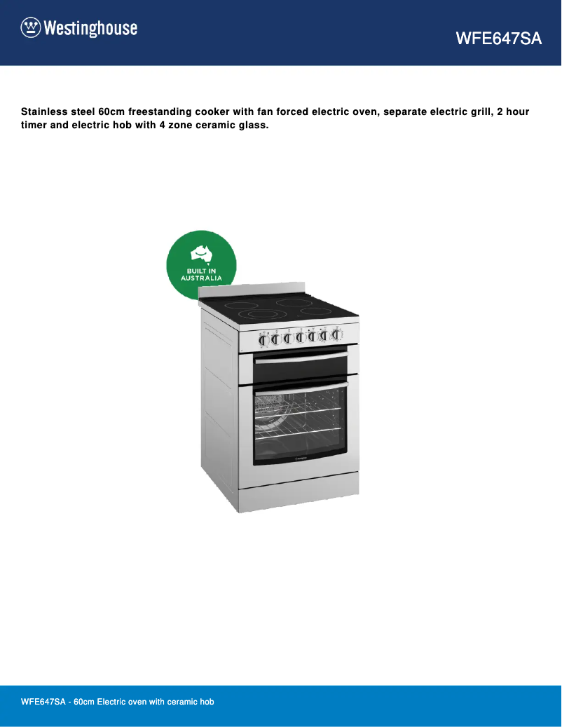 Page n°1 - Fiche technique Westinghouse WFE647SA