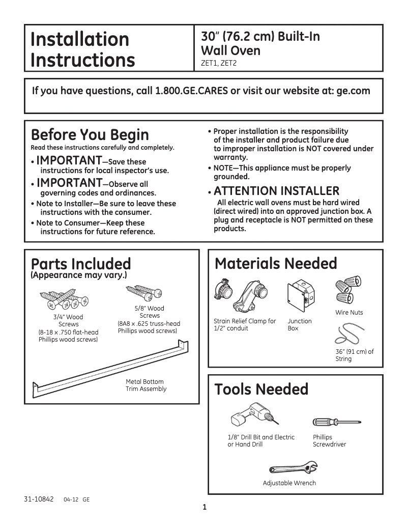 Page 1 de la notice Guide d'installation GE ZET2RMSS