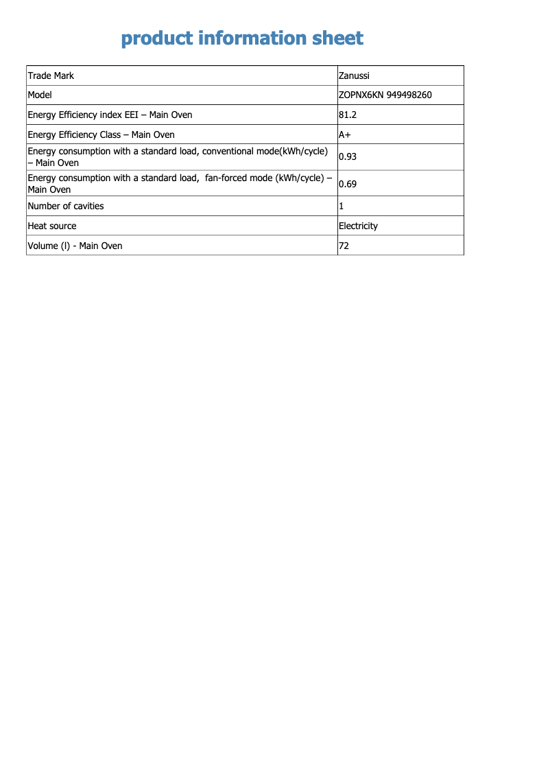 Page 1 de la notice Fiche technique Zanussi ZOPNX6KN