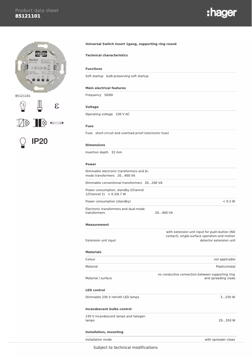 Page 1 de la notice Fiche technique Hager 85121101