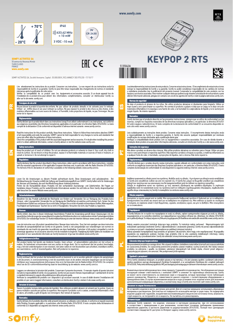Page n°1 - Manuel utilisateur Somfy Keypop 2 RTS