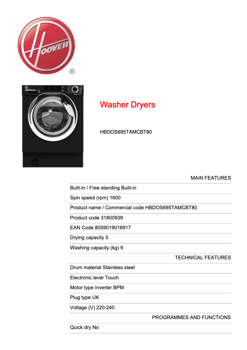 Page n°1 - Fiche technique Hoover HBDOS695TAMCBT80