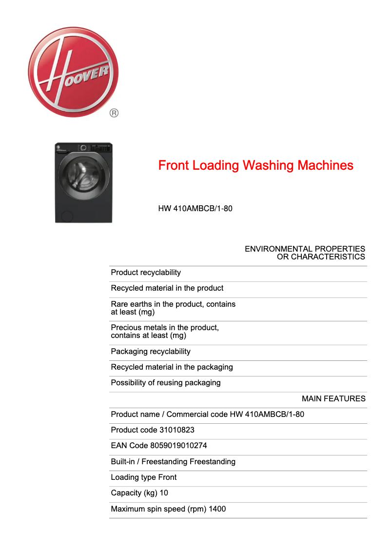 Page n°1 - Fiche technique Hoover H-WASH 500 HW 410AMBCB/1-80