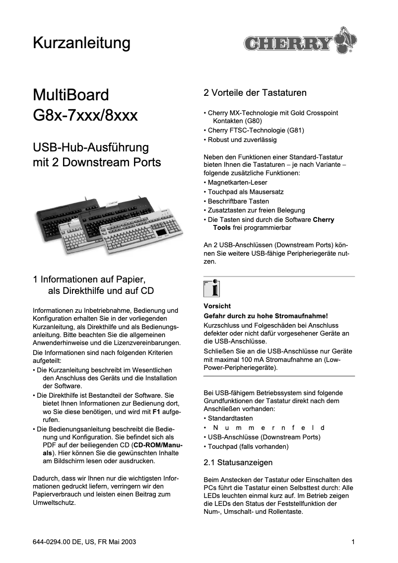 Page 1 de la notice Manuel utilisateur Cherry MultiBoard G81-8000