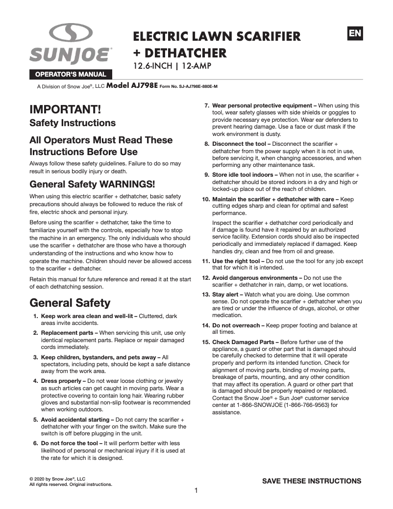 Page 1 de la notice Manuel utilisateur Sun Joe AJ798E