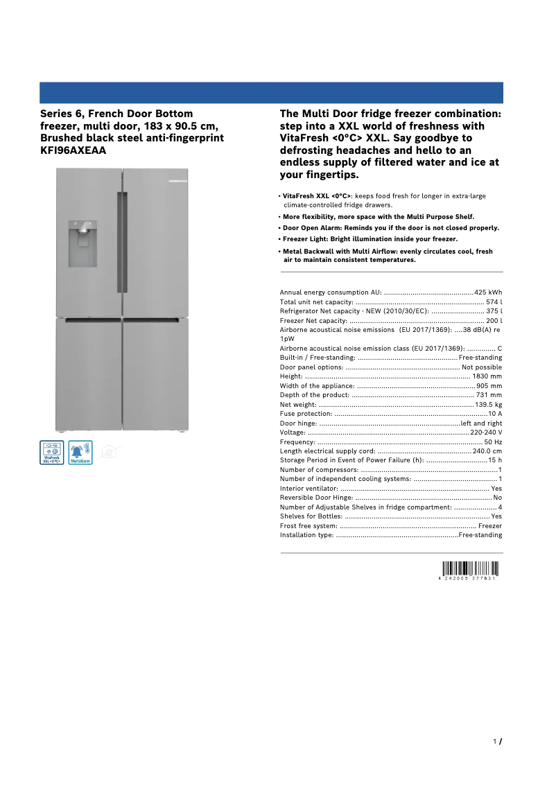 Página 1 del manual Ficha técnica Bosch KFI96AXEAA