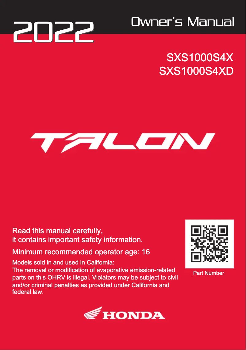 Page n°1 - Manuel utilisateur Honda Talon SXS1000S4X (2022)