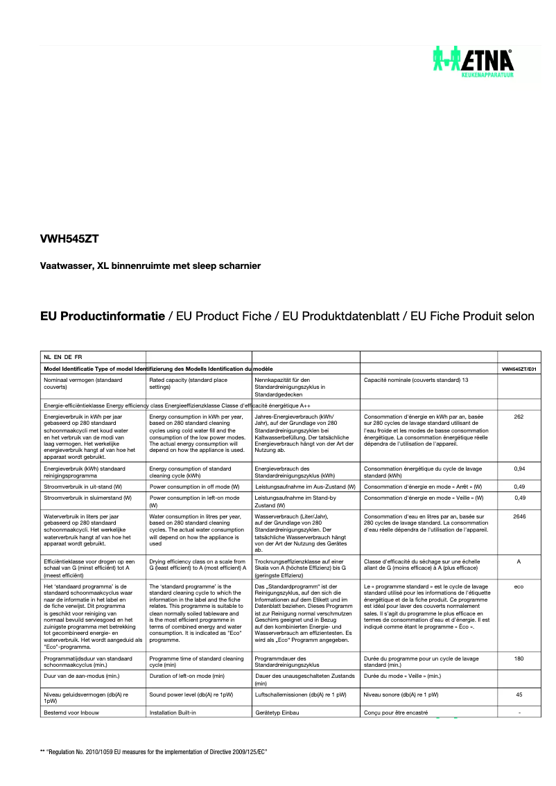 Page 1 de la notice Fiche technique Etna VWH545ZT