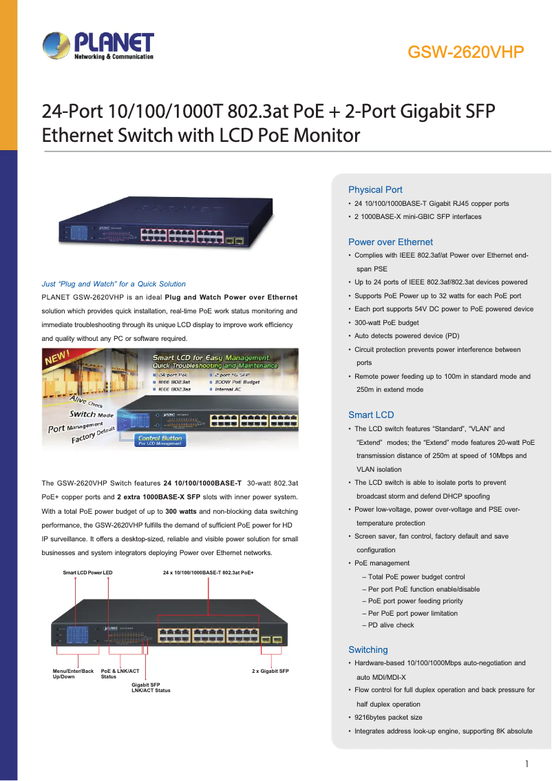 Page n°1 - Fiche technique Planet GSW-2620VHP