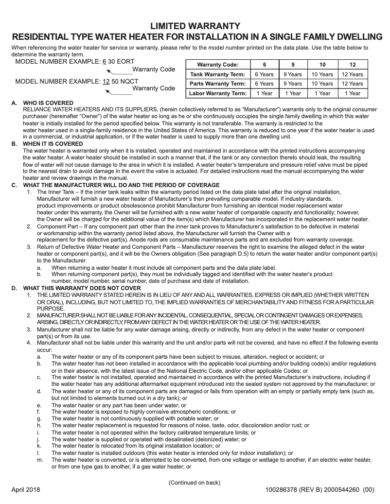 Page 1 de la notice Mode d'emploi Reliance 1240EGRT
