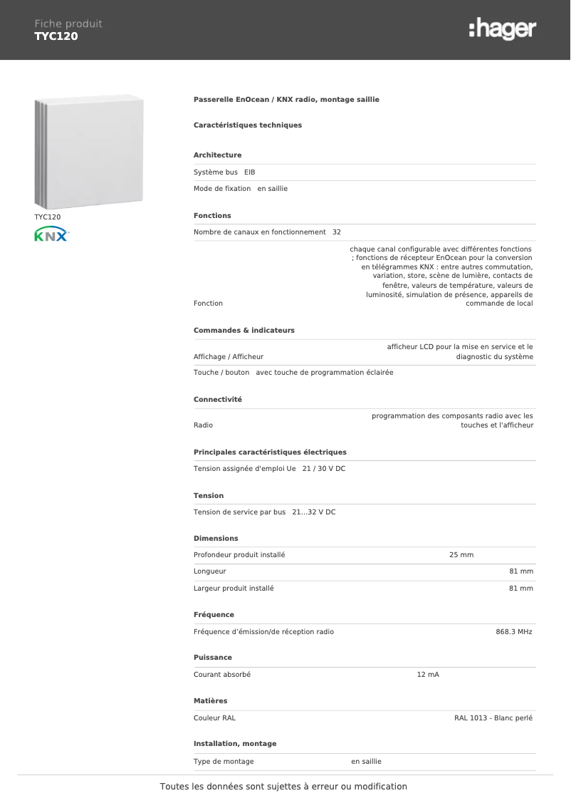 Page 1 de la notice Fiche technique Hager TYC120