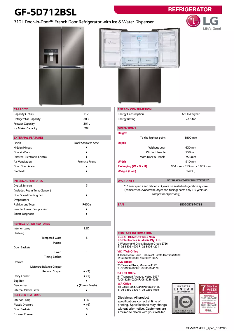 Page 1 de la notice Fiche technique LG GF-5D712BSL