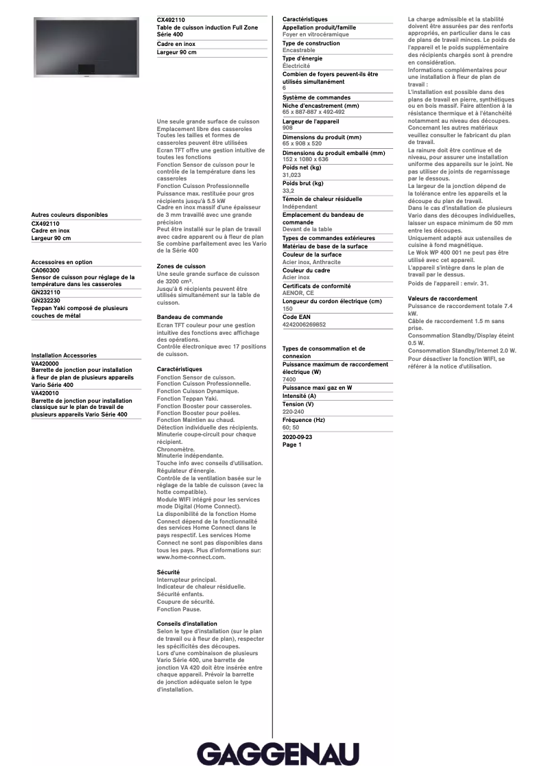 Página 1 del manual Ficha técnica Gaggenau CX492110