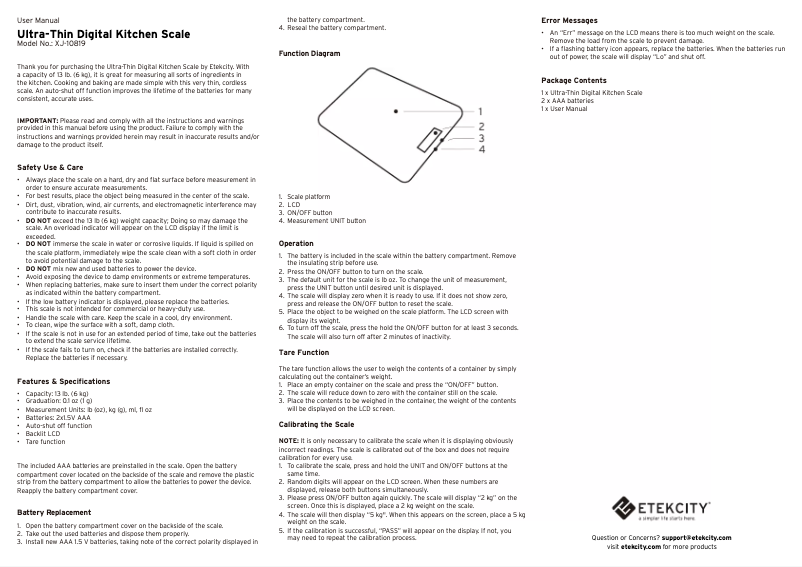 Page 1 de la notice Manuel utilisateur Etekcity XJ-10819