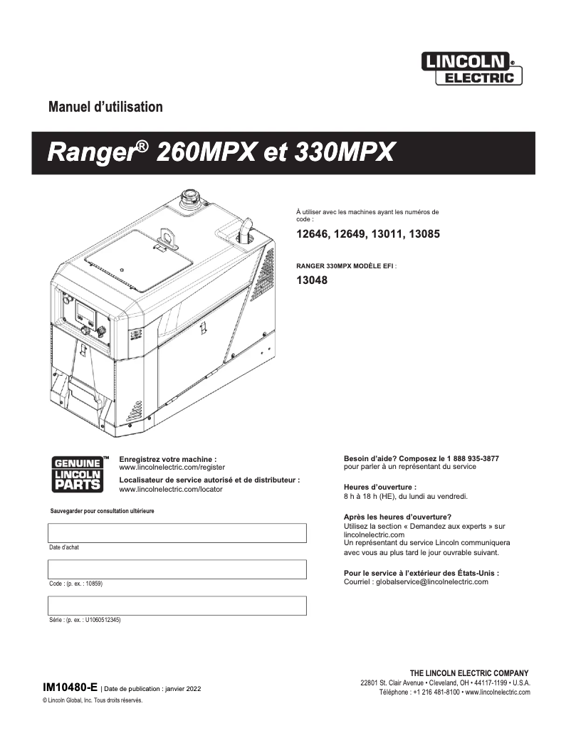 Page 1 de la notice Manuel utilisateur Lincoln Electric Ranger 260MPX