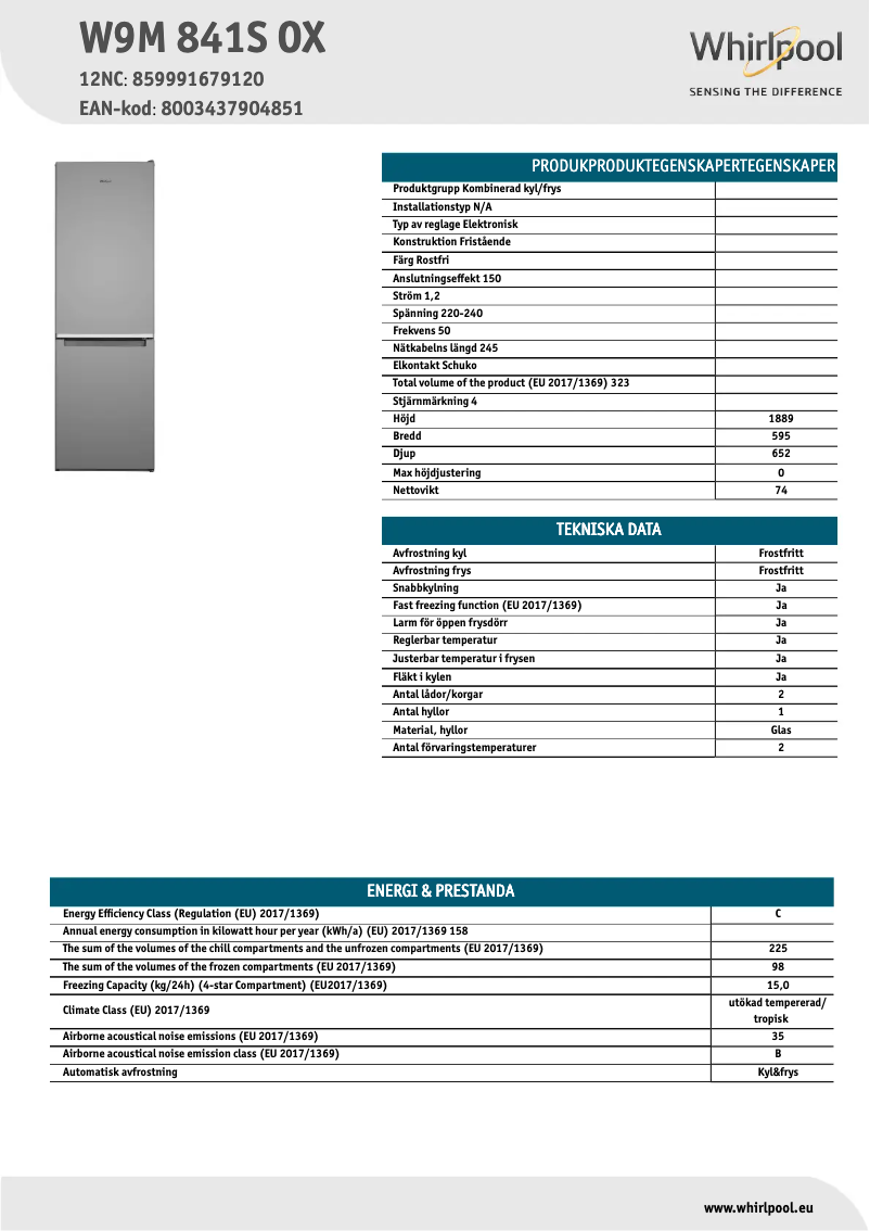 Page 1 de la notice Fiche technique Whirlpool W9M 841S OX