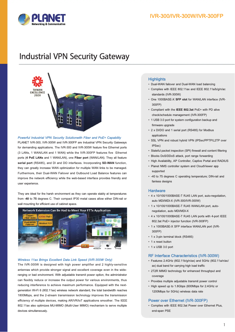 Page 1 de la notice Fiche technique Planet IVR-300