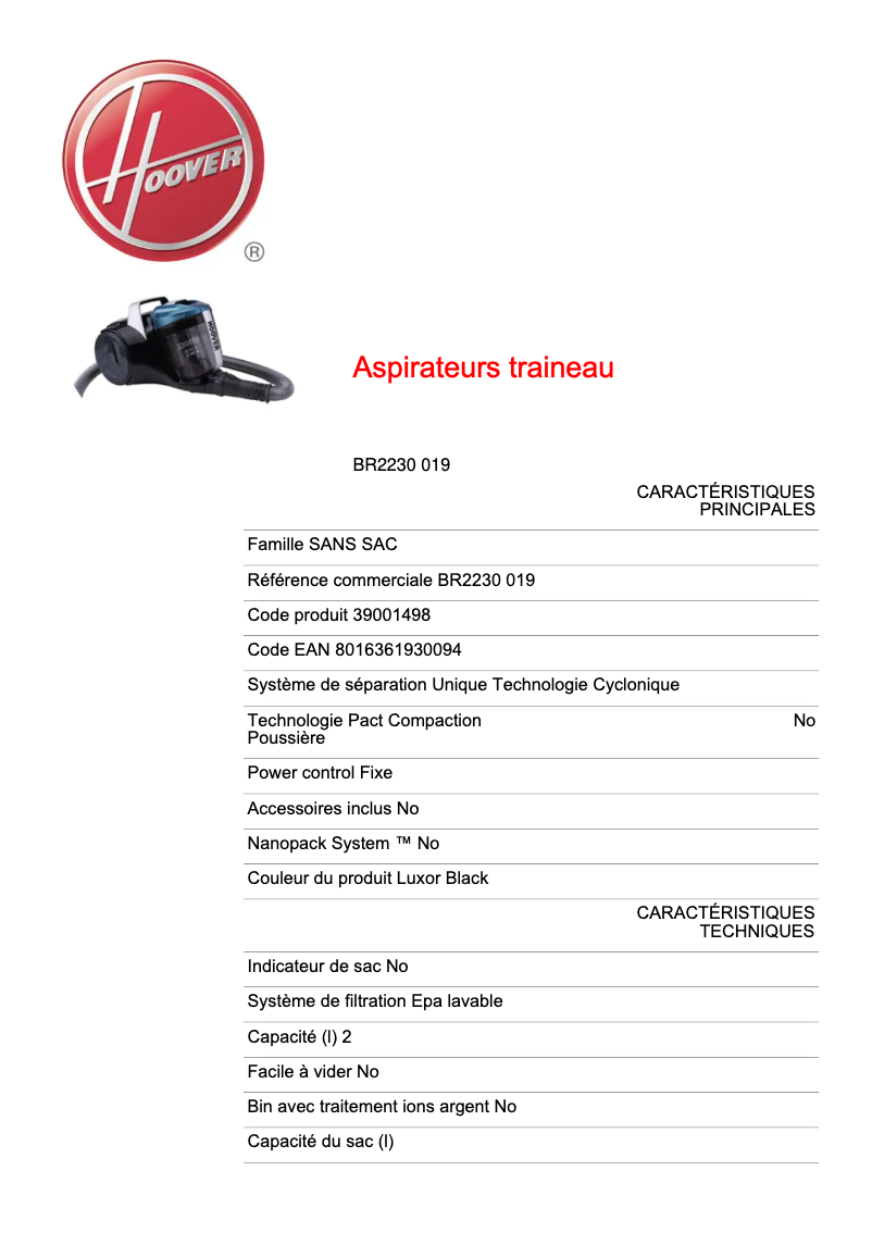 Page 1 de la notice Fiche technique Hoover Breeze BR2230 019