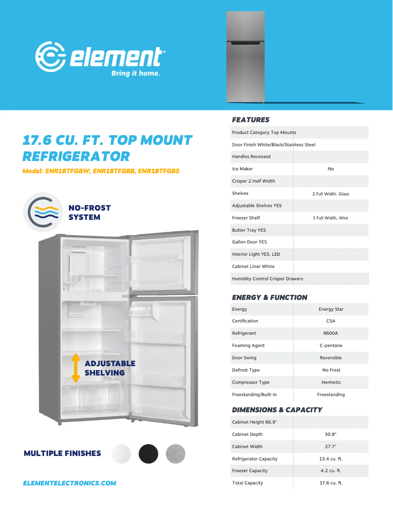 Page 1 de la notice Fiche technique Element ENR18TFGB