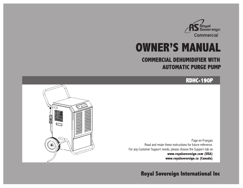 Page n°1 - Manuel utilisateur Royal Sovereign RDHC-190P
