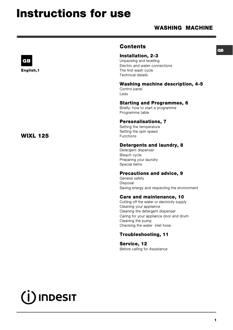 Imagen de la primera página del manual del dispositivo WIXL 125 (IN)