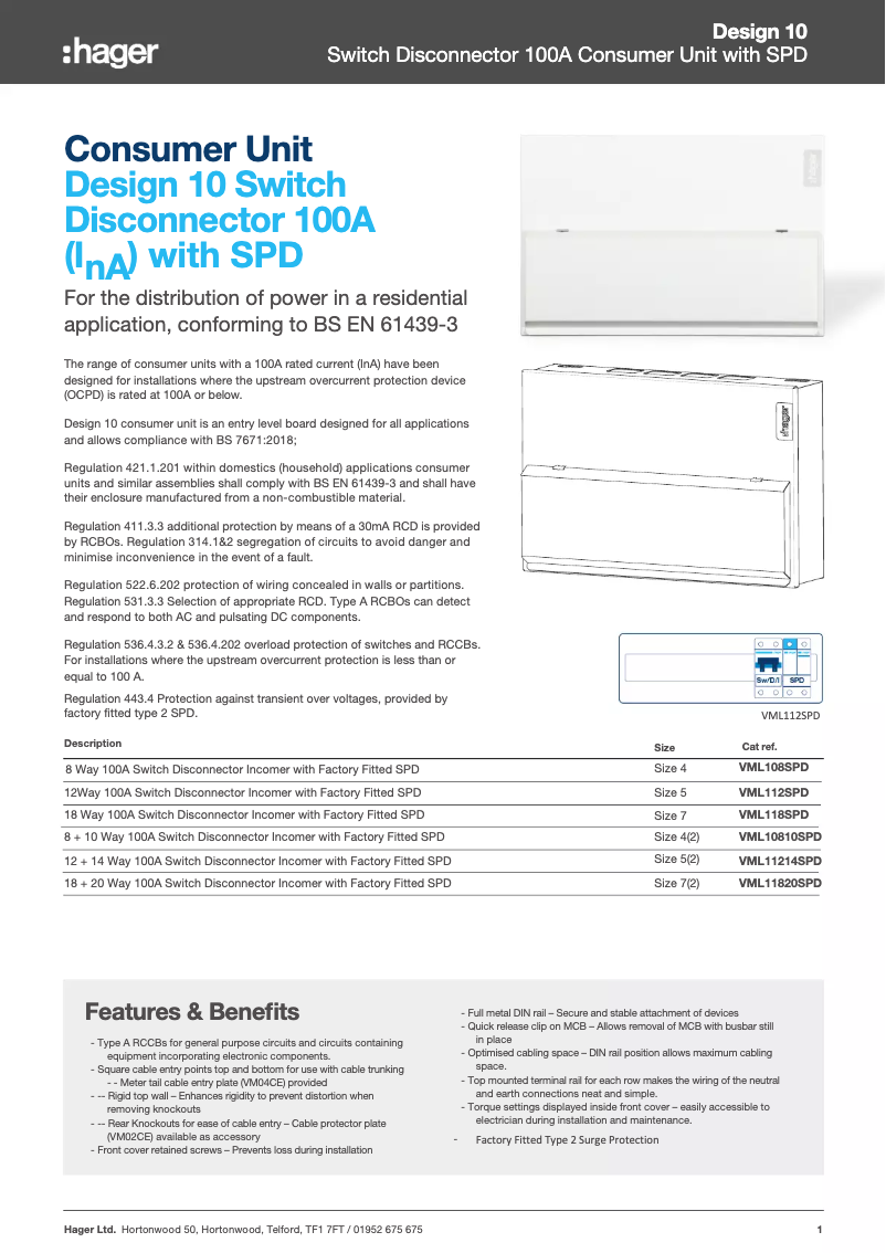 Page 1 de la notice Fiche technique Hager VML11214SPD