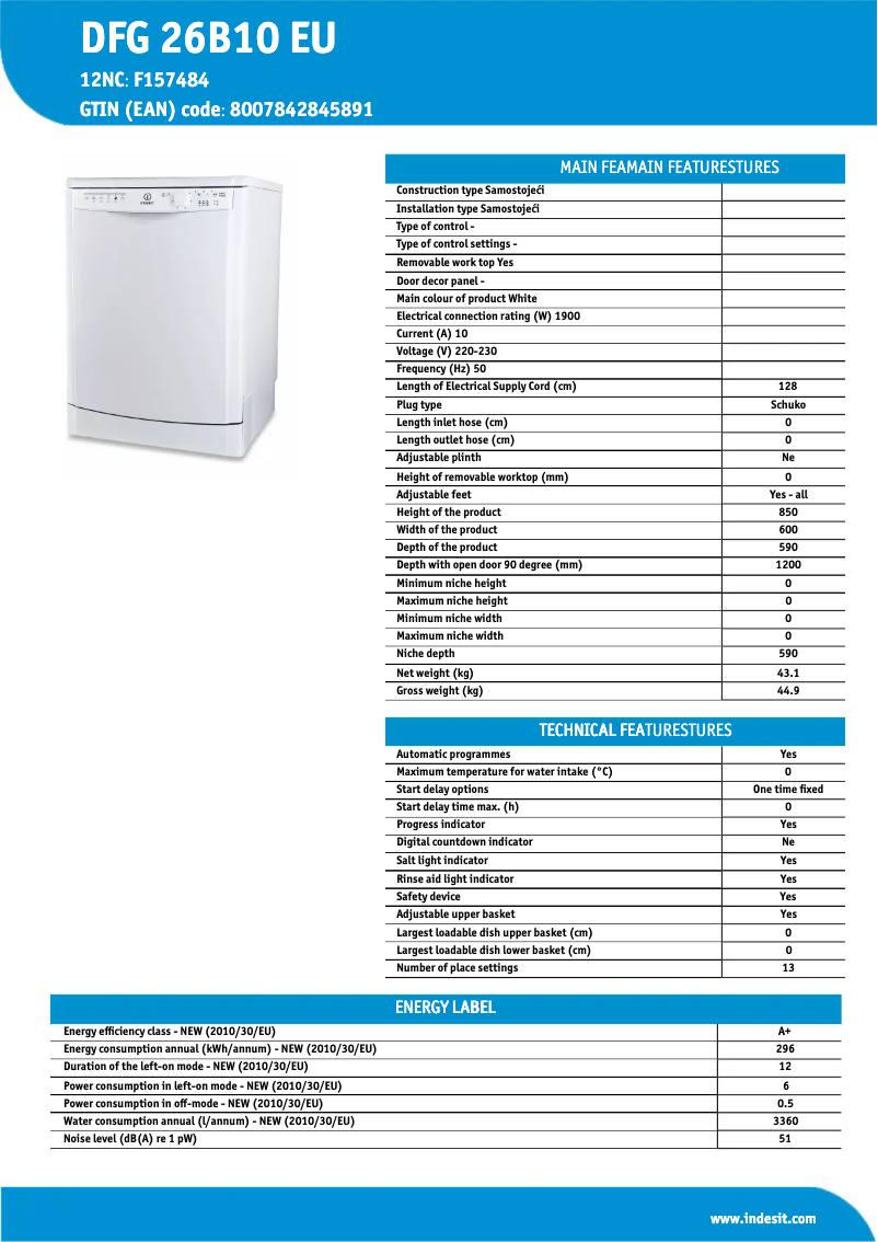 Página 1 del manual Ficha técnica Indesit DFG 26B10 EU