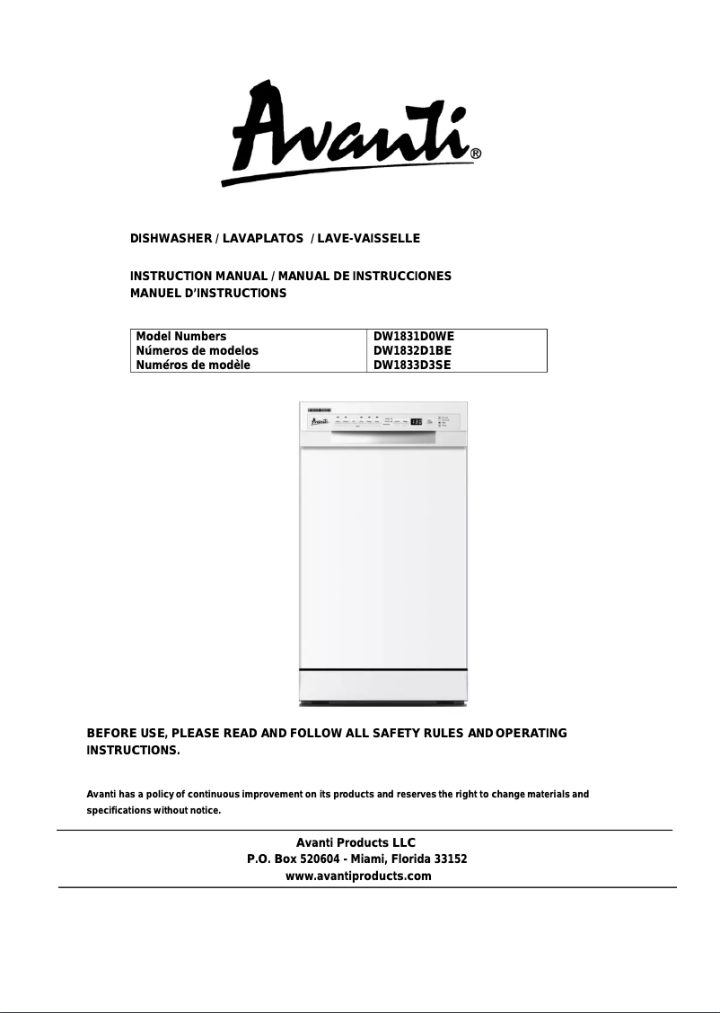 Page n°1 - Manuel utilisateur Avanti DW1831D0WE