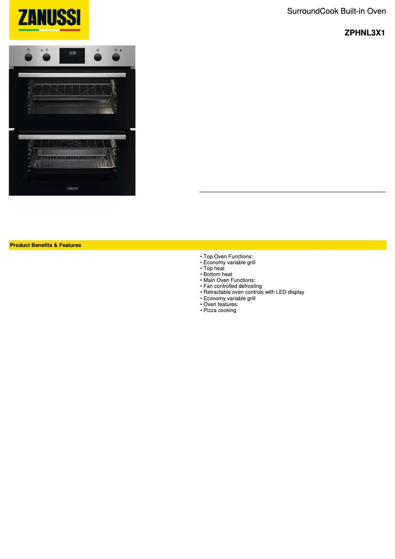 Page 1 de la notice Fiche technique Zanussi ZPHNL3X1