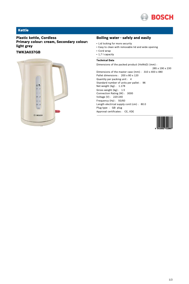 Page n°1 - Fiche technique Bosch TWK3A037GB