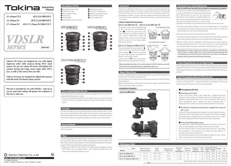 Page n°1 - Manuel utilisateur Tokina 11-16mm f/2.8 DX II Canon