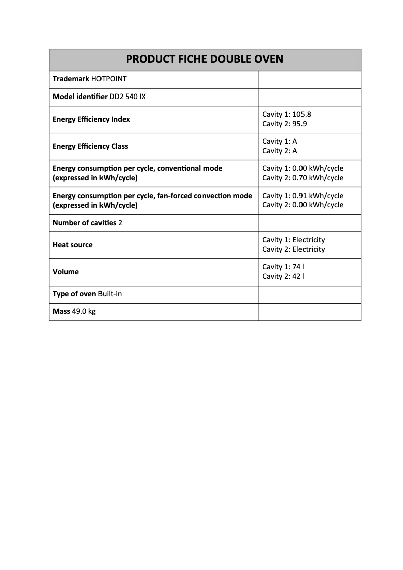 Page n°1 - Fiche technique Hotpoint DD2 540 IX