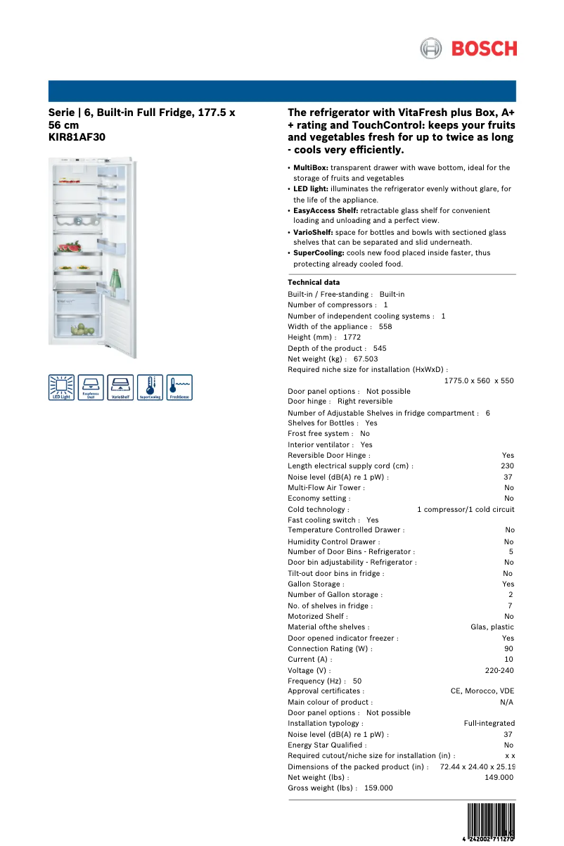 Page 1 de la notice Fiche technique Bosch KIR81AF30