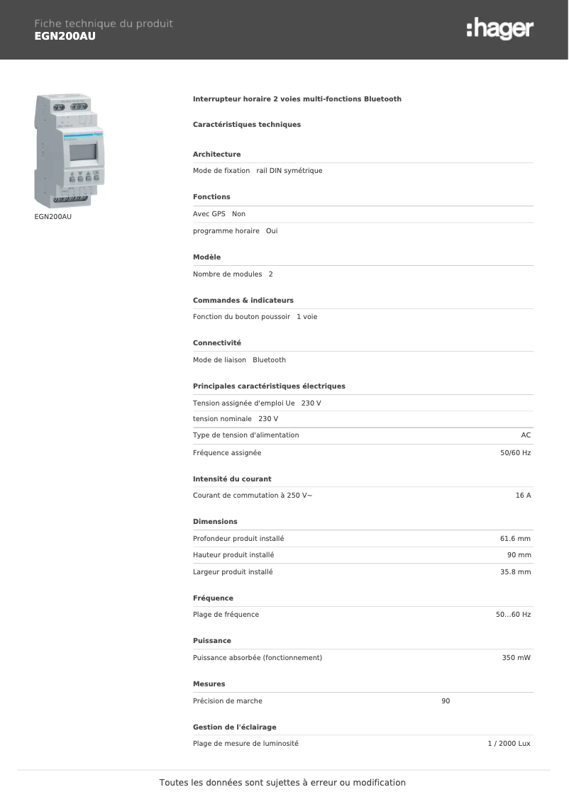 Page n°1 - Fiche technique Hager EGN200AU