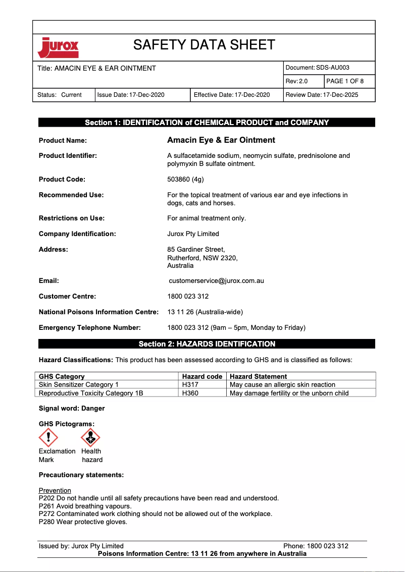 Page 1 de la notice Manuel utilisateur Jurox Amacin