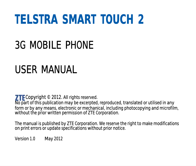 Page 1 de la notice Manuel utilisateur ZTE Telstra Smart Touch 2