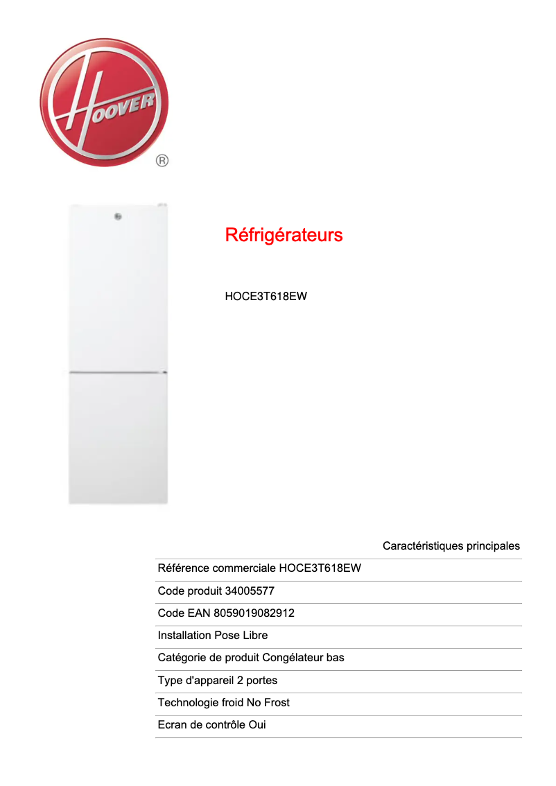 Page n°1 - Fiche technique Hoover HOCE3T618EW