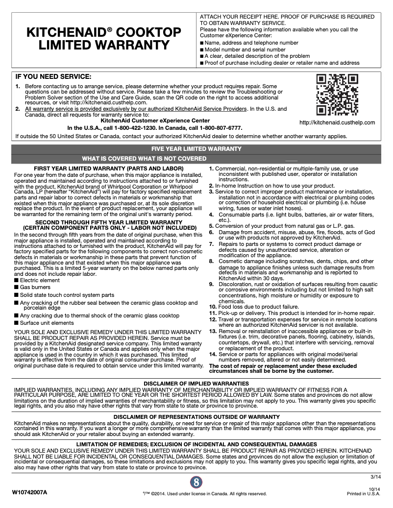 Página 1 del manual Información de garantía KitchenAid KCGS956ESS