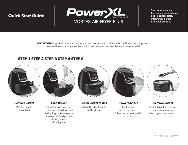Page 1 de la notice Guide de démarrage rapide PowerXL Vortex Air Fryer Plus HF-8096LCD