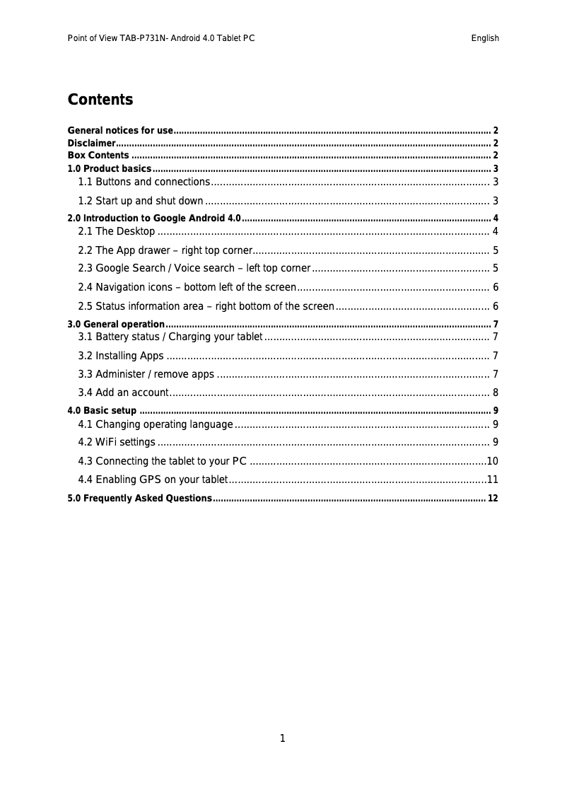 Page 1 de la notice Manuel utilisateur Point of View TAB-P731N