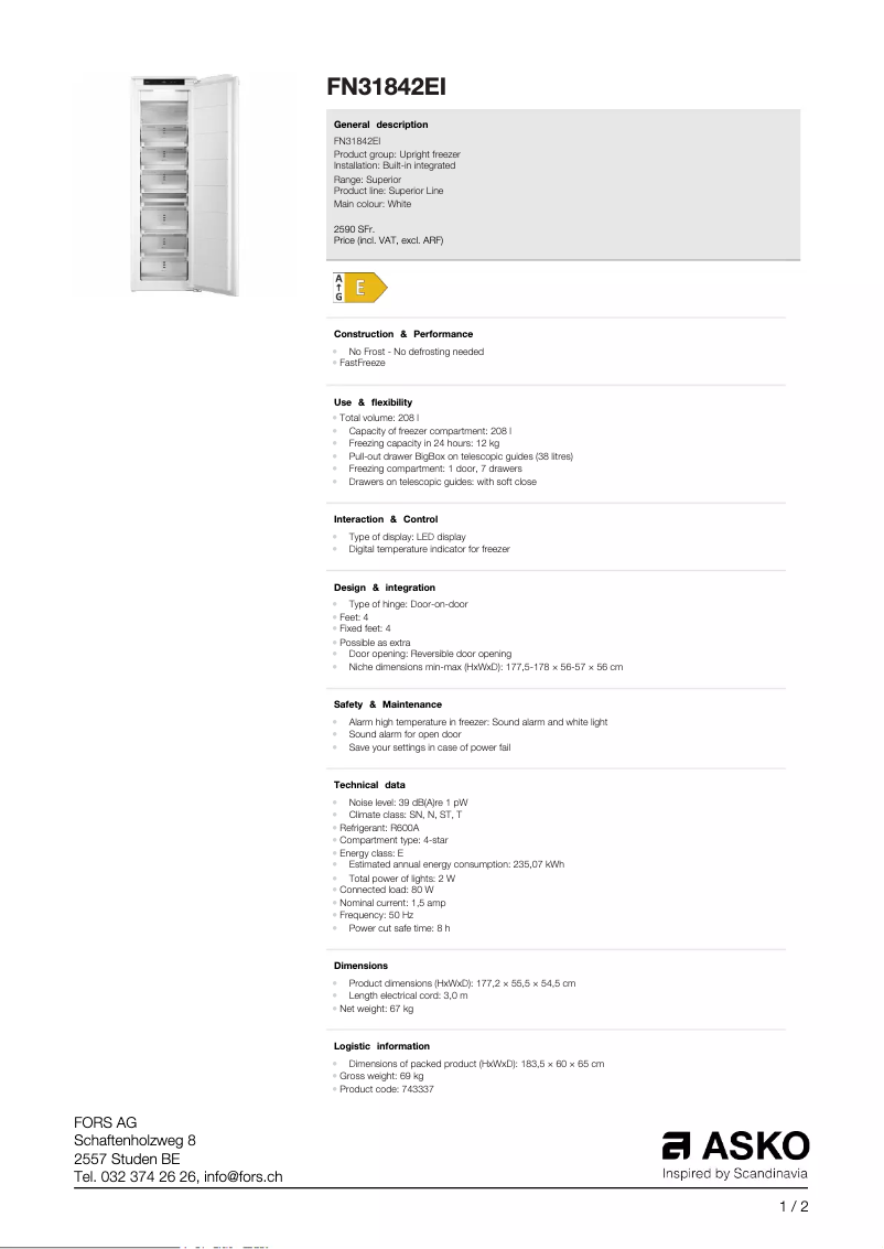 Page 1 de la notice Fiche technique Asko FN31842EI