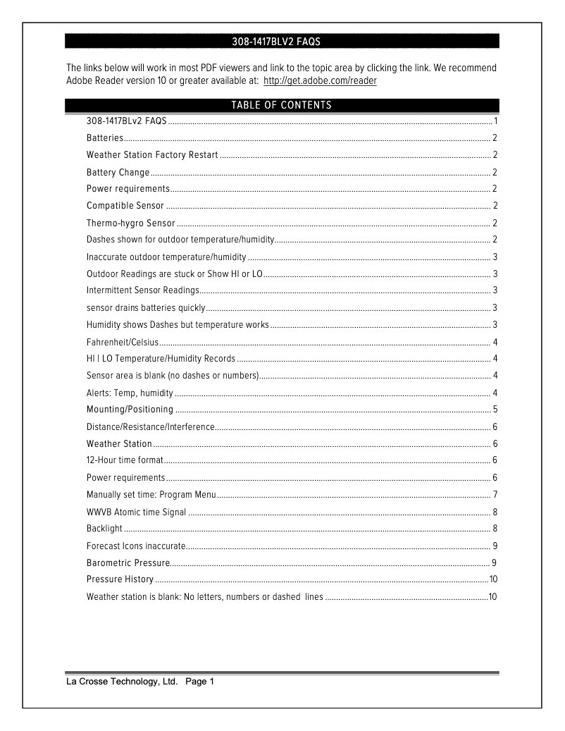 Page n°1 - FAQ La Crosse Technology 308-1417BLV2