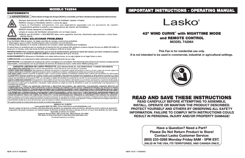 Página 1 del manual Manual de usuario Lasko T42964