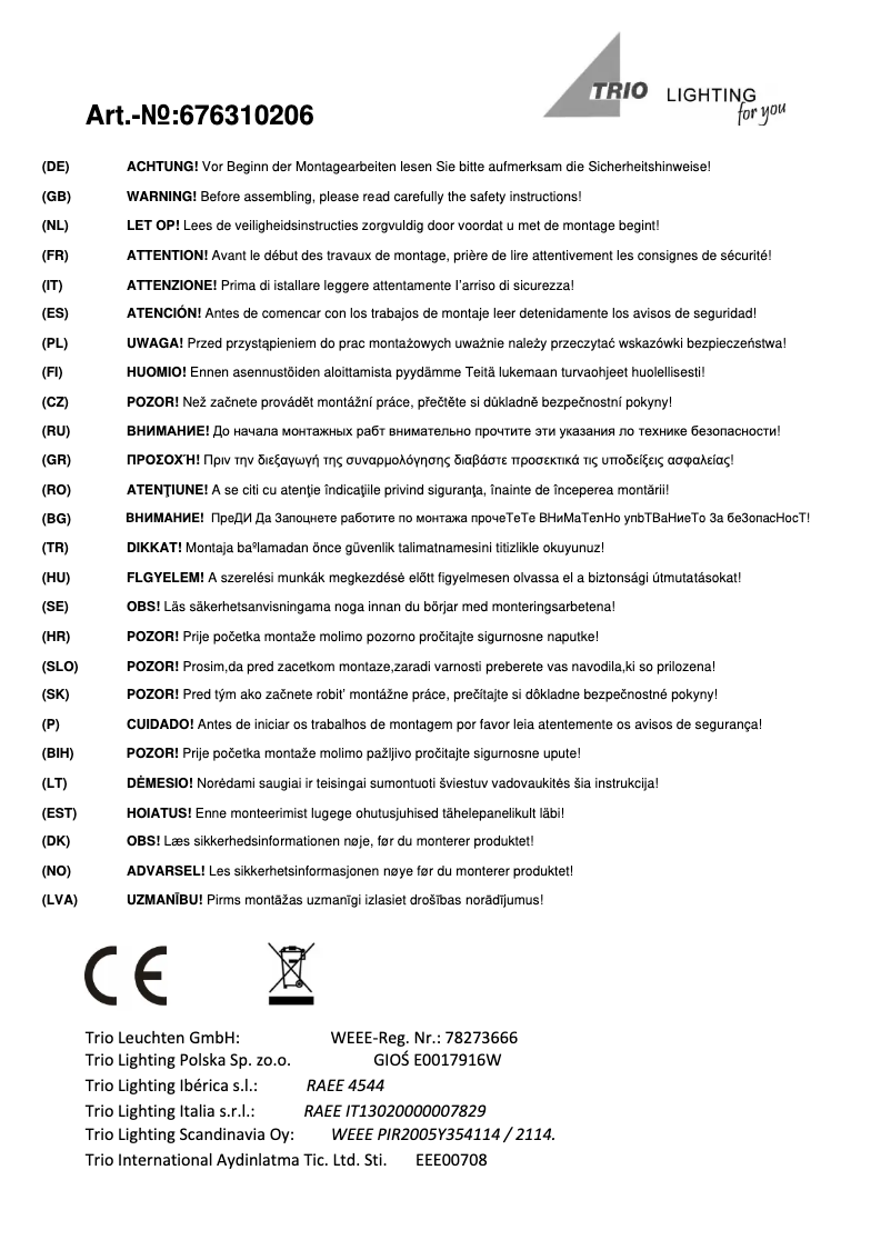 Page 1 de la notice Manuel utilisateur Trio Lighting Portofino 676310206
