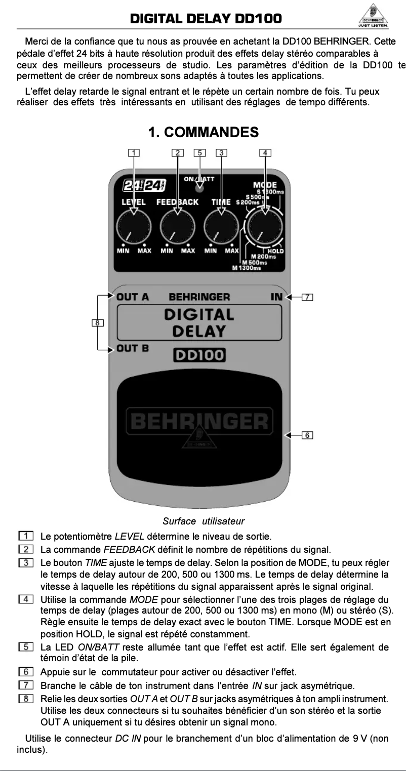 Page 1 de la notice Manuel utilisateur Behringer Digital Delay DD100