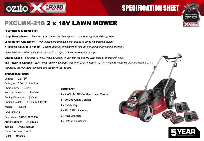 Page n°1 - Fiche technique Ozito PXCLMK-218